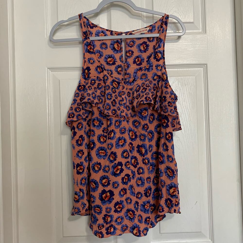 Rebecca Taylor 100% silk floral sleeveless ruffled blouse